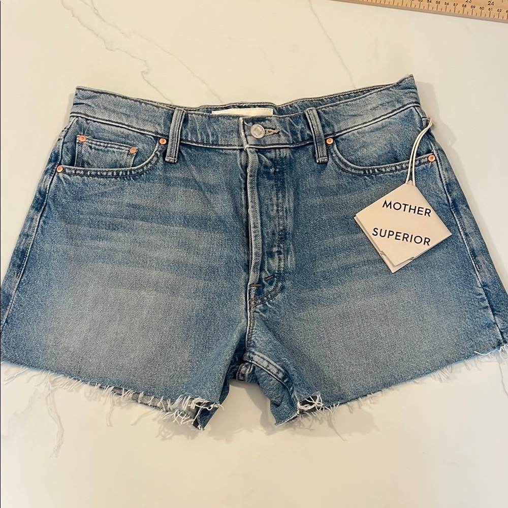 MOTHER Blue Jean Shorts Frayed Hem Mid-Thigh